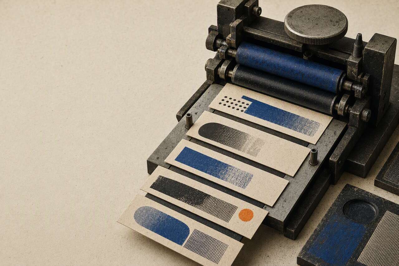 An abstract tabletop printing press producing strips of cobalt and black halftone marks